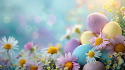 Obraz premium easter eggs and flowers copy space for text