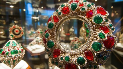 Fototapeta premium Emerald ruby jeweled orb museum display showcase