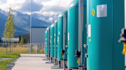 Obraz premium Green Technology background design. Green Hydrogen fuel tanks array at outside area with good control system.