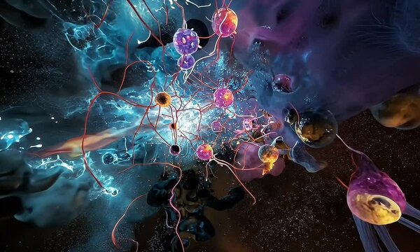 Abstract representation of interconnected neurons and synapses in a vibrant cosmic environment
