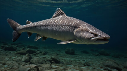 Naklejka premium Swimming Tiger Fish Underwater in Dark Water with Rocky Bottom