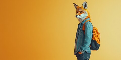 Anthropomorphic Fox Traveler: An artistic image presents a fox-headed figure, dressed as a traveler, wearing a backpack, against a warm background.