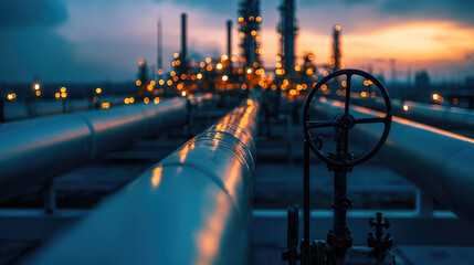vast network of pressurized pipelines leads to industrial facility, illuminated by warm lights against twilight sky, creating striking contrast between technology and nature