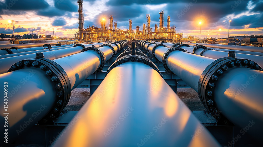 Poster vast network of pressurized pipelines leads towards industrial facility, illuminated by warm lights 