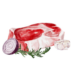 Piece of fresh meat with onion and garlic. Steak with rosemary. Watercolor illustration isolated from background. Half of red onion and chopped garlic
