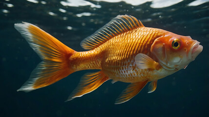 Naklejka premium Swimming Orange Goldfish in Dark Water Aquarium for Pet Concepts