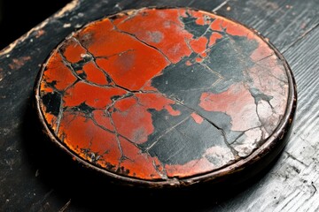 Antique circular tray with cracked lacquer