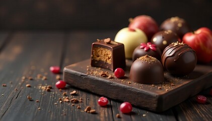 Elegant display of gourmet chocolates on dark wooden surface, arrangement, treats