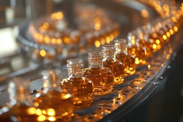 Bottles on a conveyor belt, filled with amber liquid, being processed in a factory.  Illuminated, industrial setting