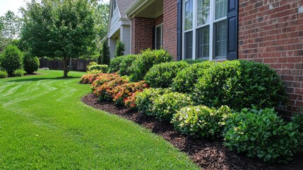 A lush green lawn with a brick house and a row of bushes