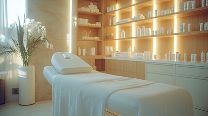 Beauty and body care. Interior of new beauty salon with spa massage table and set of skincare products ready for use. Empty professional dermatologist room waiting for customers