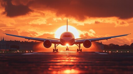 A striking orange sunset captures the excitement and allure of new travel ventures as a sleek commercial airplane takes off.