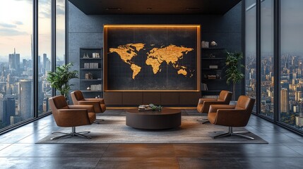 A panoramic view of the city skyline, sleek modern furniture, and a large digital world map as focal points characterize the travel agency office space.