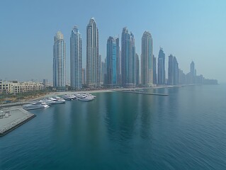 Naklejka premium City buildings near the ocean with yachts and clear sky