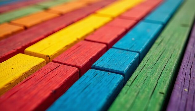 Colorful wooden blocks in parallel lines, close-up shot, vibrant colors, construction, stack, play