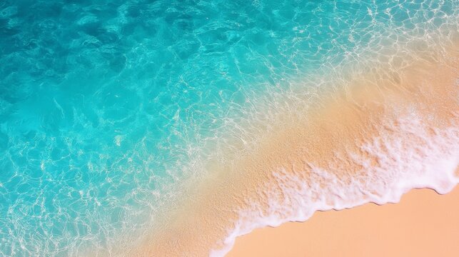 Crystal-clear turquoise water gently laps a sandy beach, creating a serene and picturesque scene. - Powered by Adobe