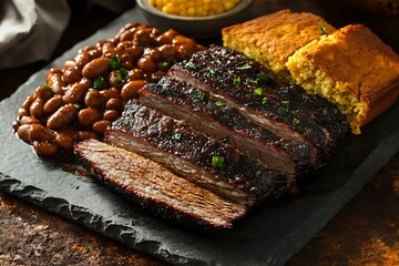 A hearty BBQ dish of slow-cooked beef brisket with a crusty bark, sliced thickly and served with BBQ beans and cornbread on a stone plate.