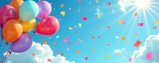 Fototapeta premium Vibrant balloons and confetti floating on sky blue backdrop, festive, happiness, joy