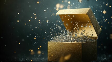 A cardboard box suddenly bursts open, releasing a brilliant golden light and sparkling particles that symbolize surprise and wonder, creating a sense of excitement.