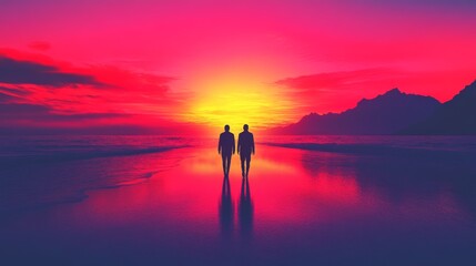 Fototapeta premium Two figures stroll along a beach at sunset, the vibrant sky reflecting in the tranquil waters.