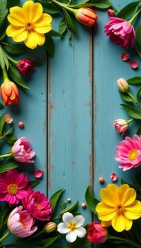 Fototapeta Colorful spring flowers border with green foliage on wood background, foliage, green