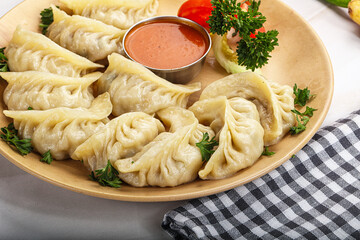 Tibetian dumplings Momo with chicken, meat or vegetables
