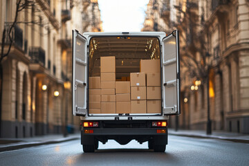 Delivery truck open on city street. Brown cardboard boxes inside. Vehicle sits on asphalt road with buildings in the background. Light shines on the truck.