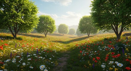 Three-dimensional game art of a serene forest clearing with blooming flowers and mountains
