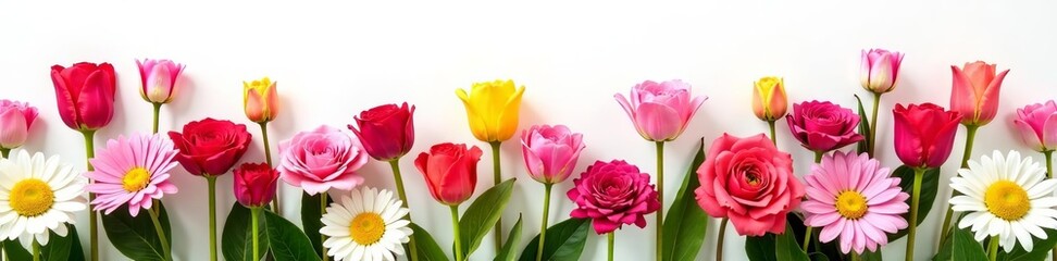 Vibrant bouquet of assorted flowers; roses, tulips, daisies on white backdrop, floral arrangement, still life