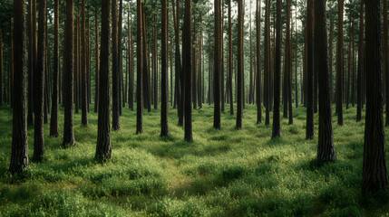 A lush forest filled with tall trees, serving as a scenic backdrop for family reunion activities and creating a peaceful outdoor environment.