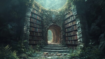 An enchanting outdoor stone library surrounded by lush greenery and books