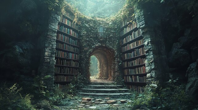 An enchanting outdoor stone library surrounded by lush greenery and books