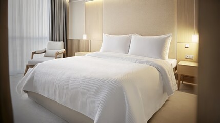 Obraz premium A clean and neutral bedroom design with white bedding, a textured beige headboard, and light wooden furniture for a harmonious look