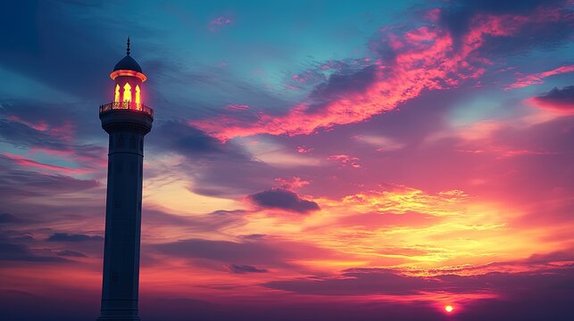 A glowing minaret against a vibrant sunset sky, calling for Maghrib prayer 
