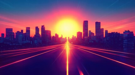 Fototapeta premium Sunrise Cityscape: A Vibrant Dawn over the Metropolis
