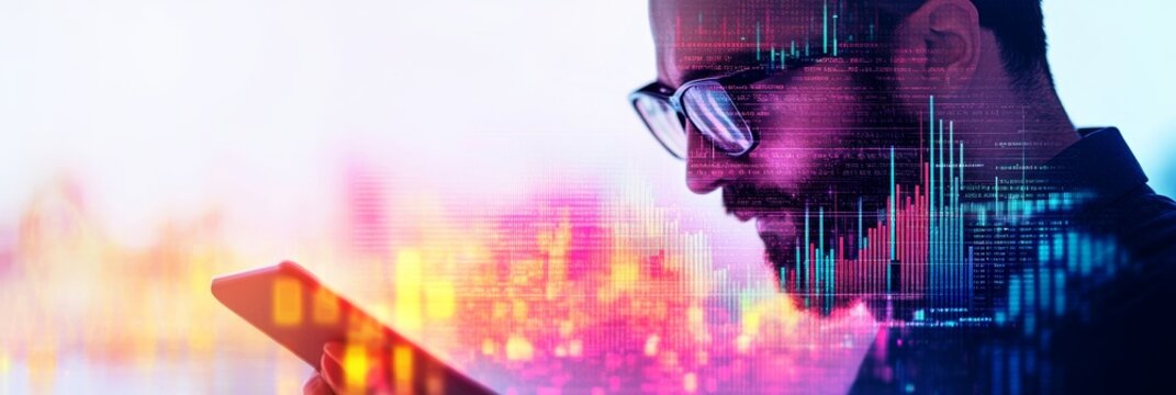 Focused businessman reviewing data on a tablet, vibrant city backdrop.