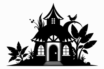 fairy house line art silhouette vector illustration