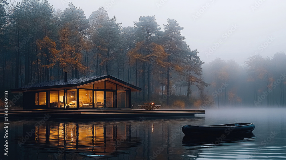 Aufkleber modern cabin woods reflects beautifully calm lake surrounded by misty trees, creating serene and tra