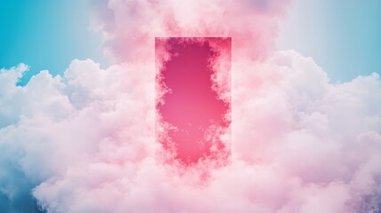 Dreamy pink and blue cloudscape with a rectangular opening, suggesting a portal or gateway to another realm.