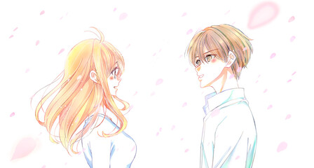 桜吹雪の中向かい合う男女