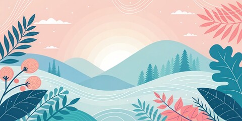 Sunrise over serene hills nature landscape illustration tranquil environment soft color palette peaceful viewpoint for relaxation and inspiration