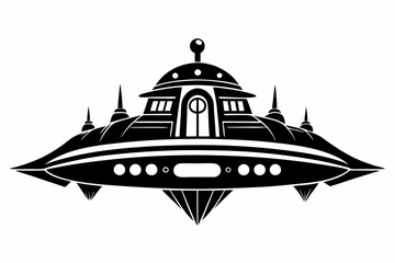 fantasy spaceship line art silhouette vector illustration