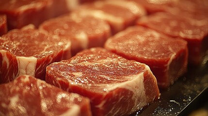 Obraz premium A glistening, crimson mass of raw pork meat, its surface glistening with moisture, lay exposed, ready to be transformed into a culinary masterpiece.