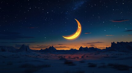 A glowing crescent moon and star in the night sky above a peaceful desert landscape 