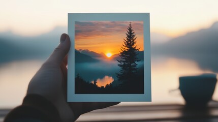 A hand holds a photograph of a breathtaking sunset over a mountain lake, the silhouette of a pine tree in the foreground.