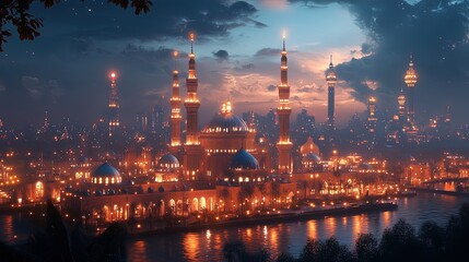 Fototapeta premium A glowing cityscape with mosques lit up for Ramadhan 