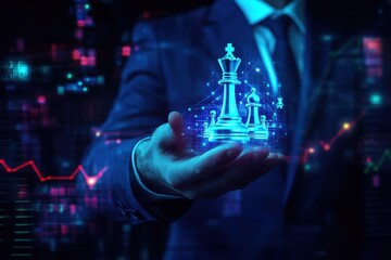 Businessman in Suit Holding Digital Chess Pieces with Stock Market Graphs, Symbolizing Strategic Decision-Making and Financial Planning