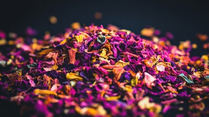 Bright and Colorful Dried Flower Petals on Dark Background
