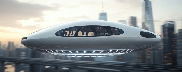 Futuristic Flying Vehicle Soaring Over Cityscape