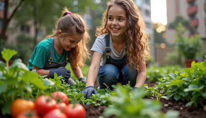 Two girls happily gardening together, surrounded by vibrant vegetables in urban environment, Sustainable Development Goals Social concept.